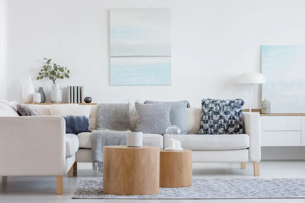 Two wooden coffee tables with plant in pot in front of grey corn